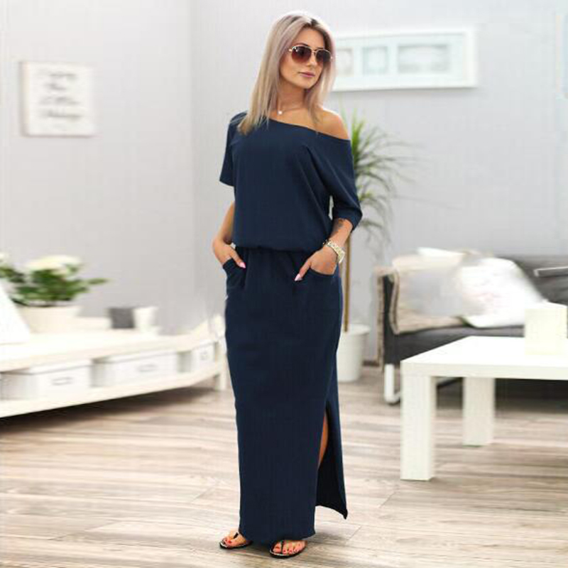 ELSVIOS Sexy Slash neck Side Split Loose Dress Women Summer Long Maxi Dress Short Sleeve Evening Party Dress Pocket Vestidos D1891304