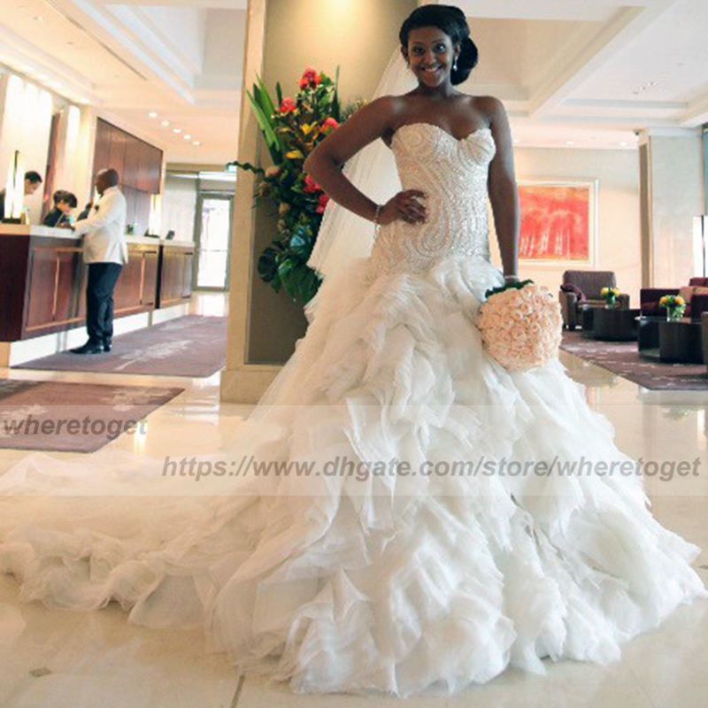 luxury bling beaded african organza Wedding Dresses 2019 Sweetheart ruffles tiered skirt sequins top buttons Bridal Gowns, White
luxury bling beaded african organza Wedding Dresses 2019 Sweetheart ruffles tiered skirt sequins top buttons Bridal Gowns, White