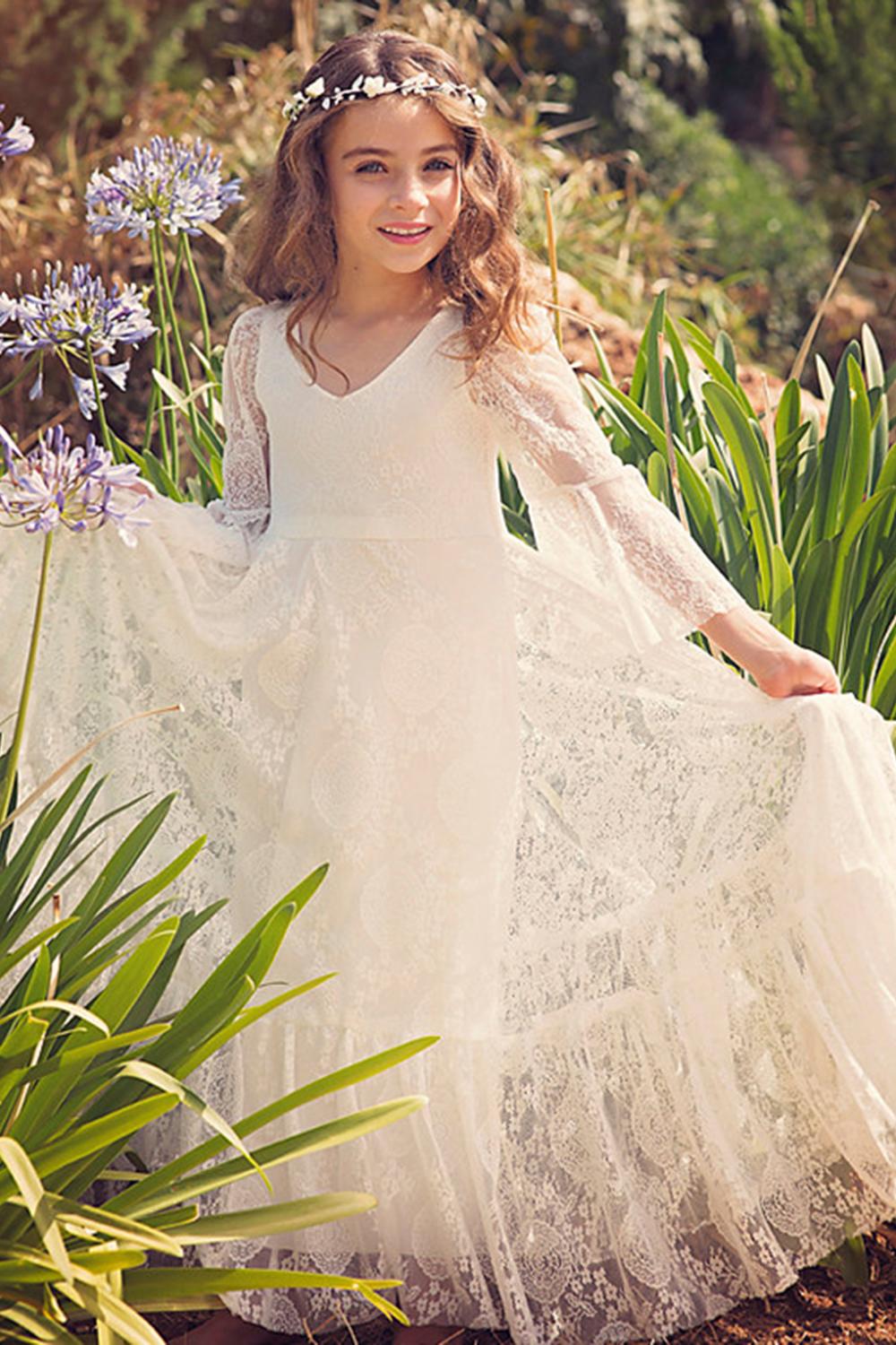 2019 New Boho Lace Flower Girl Dresses Cheap Country Style Little Girls Long Sleeve Ivory Sweet First Communion Gowns, Orange