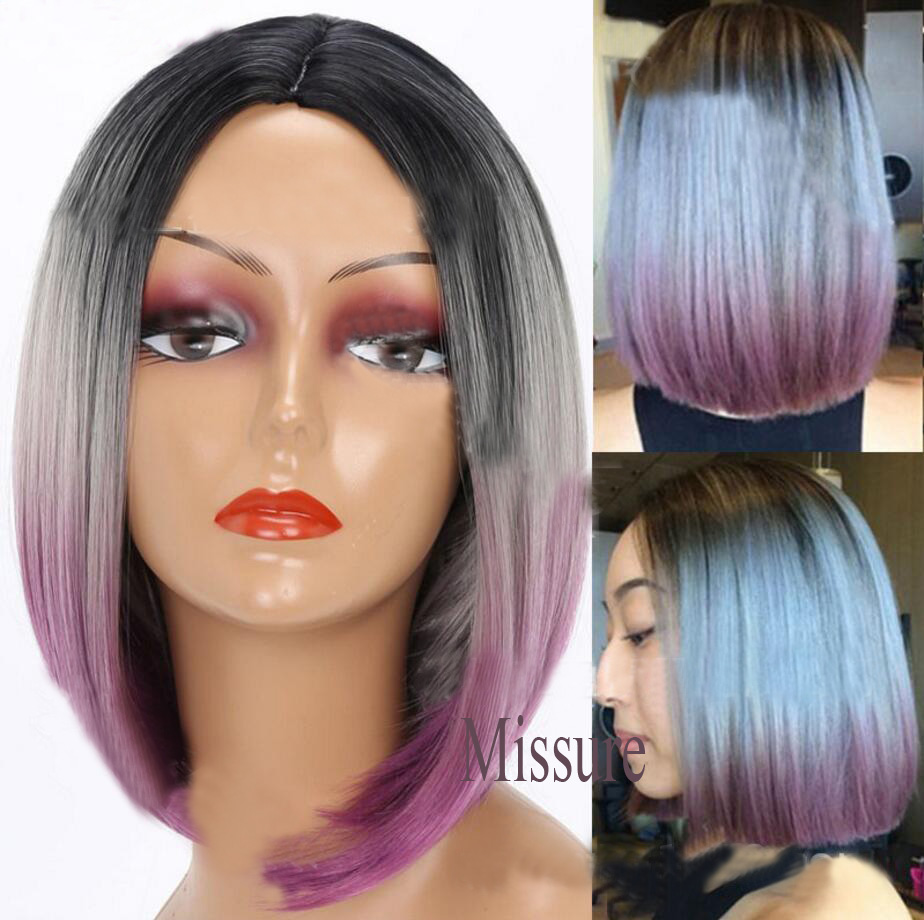 Beatiful BOB Gray Ombre Hair Short Synthetic Straight Wig Hairstyle Hightemperature for Party