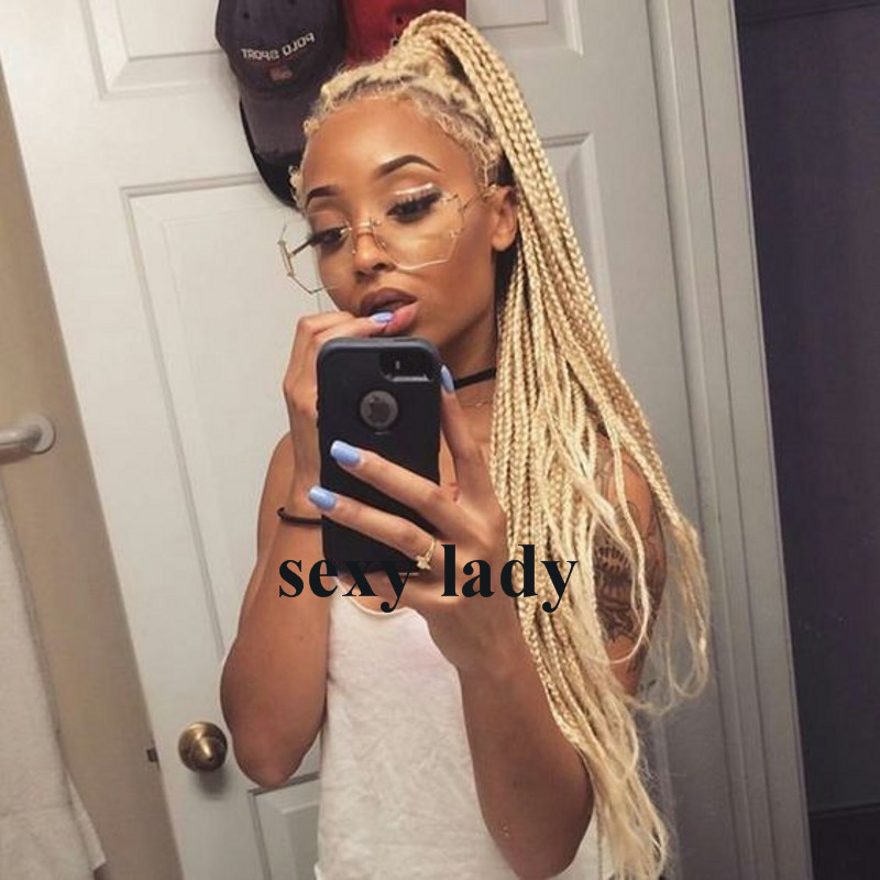 Free shipping 180density full Box Braids Wig brazilian #613 blonde natural Hair Heat Resistant Braided Synthetic lace front wigs for black women