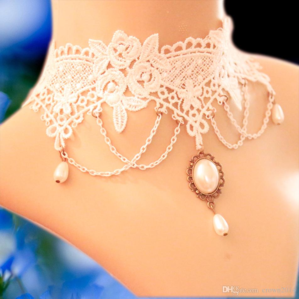 Vintage Handmade White Lace Choker Necklace with Jewelry Short Gothic Collarbone Chokers Necklaces For Wedding