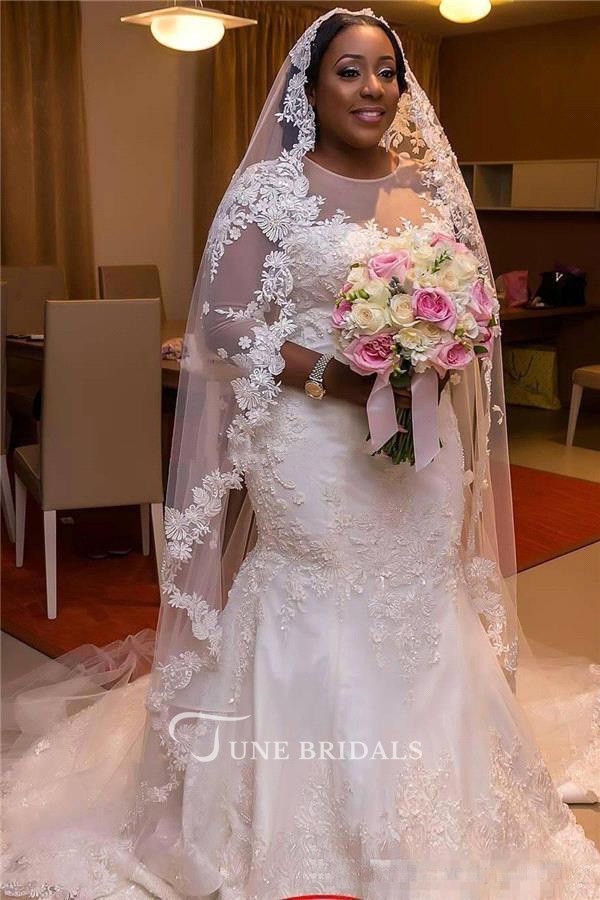 African Plus Size Wedding Dresses Jewel Neck Sweep Train Lace Appliques Sheer Long Sleeves Mermaid Bridal Gowns Custom Made Wedding Dress