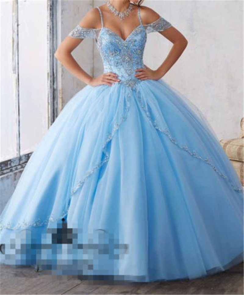 2019 New Blue Puffy Ball Gown Quinceanera Dresses Crystals For 15 Years Sweet 16 Plus Size Pageant Prom Party Gown QC1061