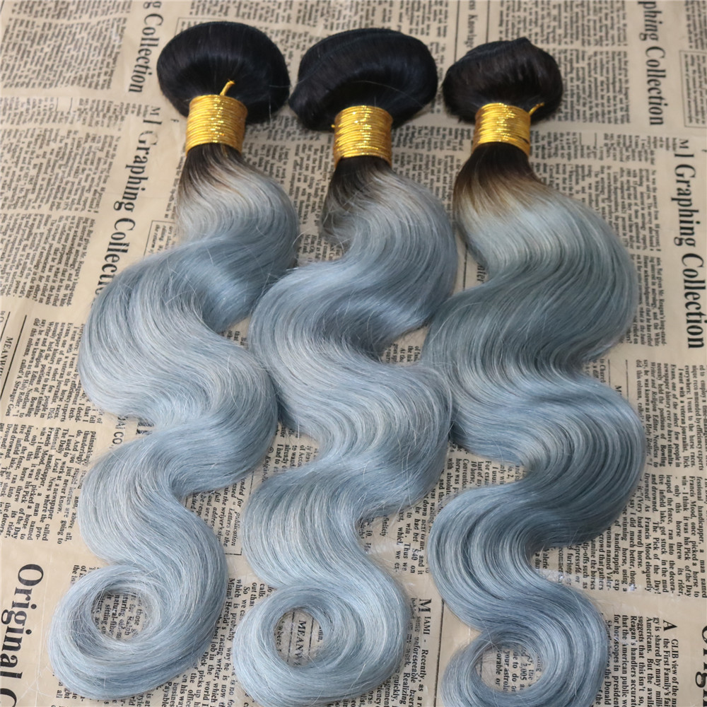 Virgin Brazilian Human Hair Bundles with 360 Lace Frontal Omber #1B/Sliver Body Wave Hair Weft Weave with Lace closure Remy Hair Extensions