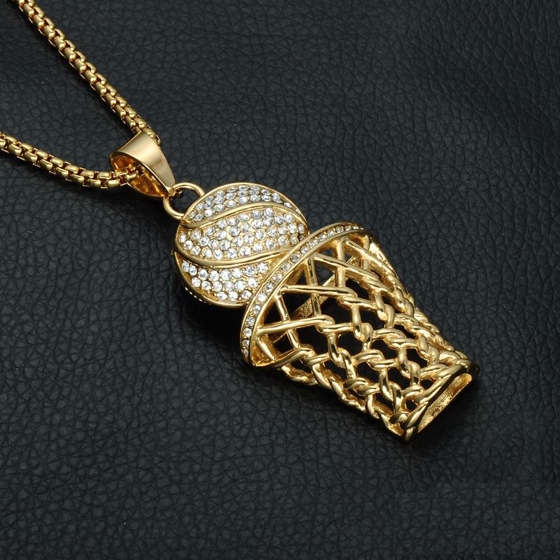 Hip Hop Basketball Pendant Necklaces Iced Out Bling Full Rhinestone basketball hoop Stainless Steel Chain Necklace For Mens Hiphop Jewelry