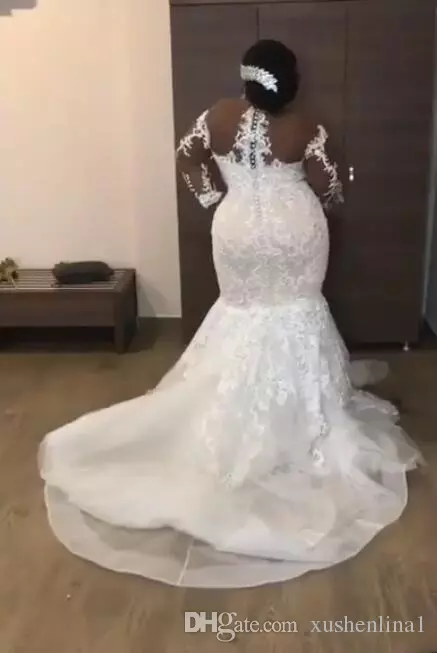 Amazing African Mermaid Dresses Beaded Lace Appliques Long Sleeve Bridal Gowns Sexy Sheer Scoop Plus Size Wedding Dress