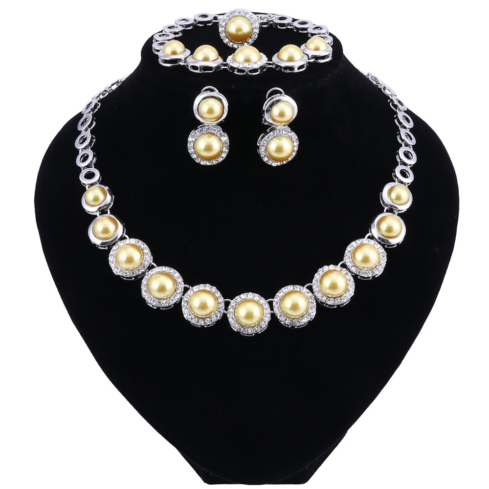 Retro Simulated Pearl Bridal Jewelry Sets New Wedding Jewelry Ring Earrings Bracelet Necklace Sets for Women