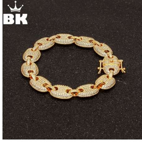 Mens Iced Out Hip Hop Silver Gold-Tone CZ Paved Puffed Marine Link Chain Bracelet 13mm 8inch Multicolor Cubic Zirconia