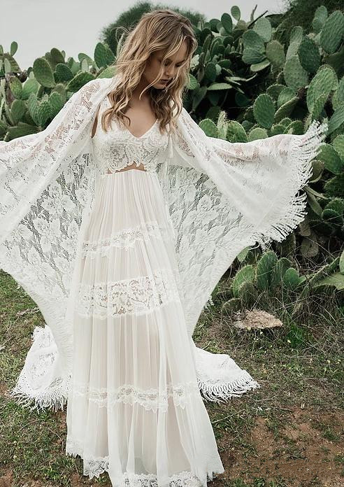 bohemian chiffon beach wedding dresses with cape lace appliqued boho bridal gowns a line v neck robe de marie