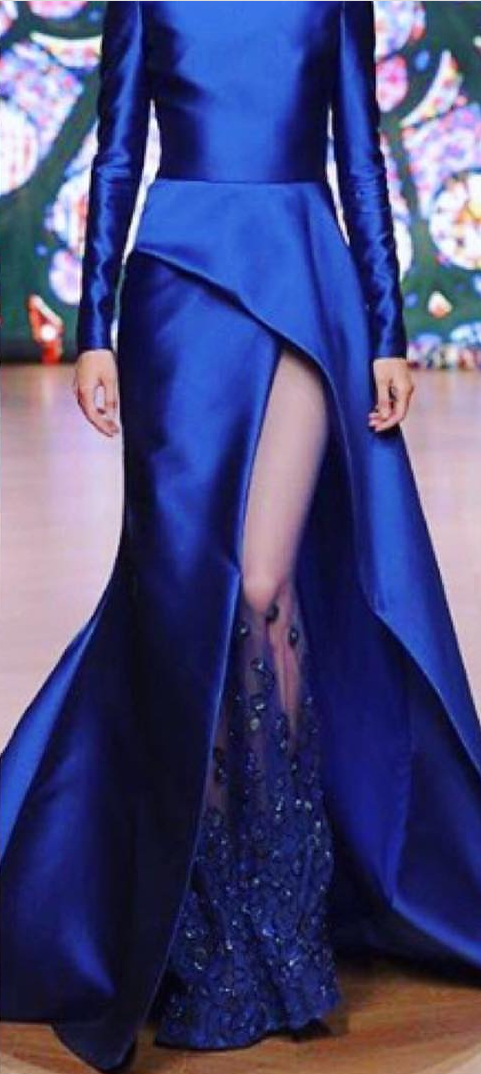 Long Sleeve Designer Prom Dresses Jewel Neck Side Split Crystals Appliqued Blue Taffeta Evening Gowns Custom Made Cocktail Party Dresses