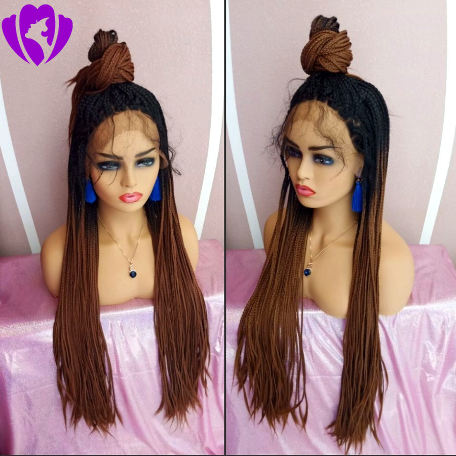 New 32inches long jumbo braided wig full Lace Front Wigs synthetic 'micro Braids Wigs With Baby Hair Ombre brown Wigs For Black Women