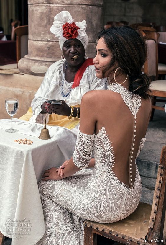 Julie Vino Mermaid Dresses High Neck Lace Half Sleeve Bridal Gowns Sweep Train Appliques Beach Wedding Dress 0227Lz