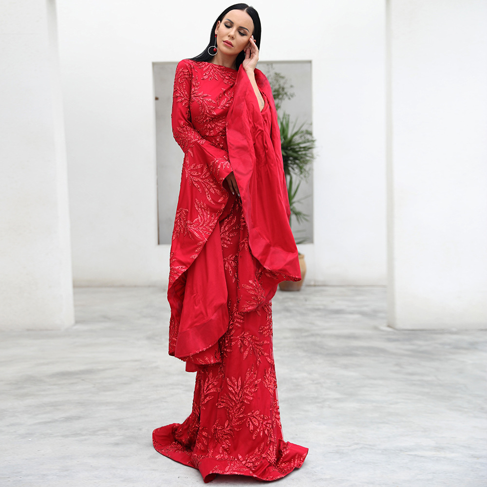 Red Poet Flare Long Sleeve Evening Dress Bling Sequin High Neck Formal Long Trumpet Sleeves Sheath Party Prom Gowns Special Occasion Dresses