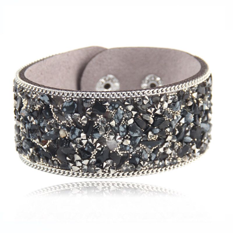 Irregular Natural Stone Bangle Hand Made PU Leather Bracelets Crystal Gravel Stones Bracelet Korean Velvet Width 3cm