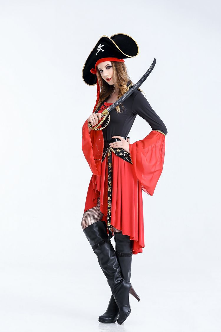Female Pirate Halloween Costumes For Adults Hi Lo Long Sleeves Cotton Three Pieces (Dress+Hat+Belt) Halloween Party Dress In Stock