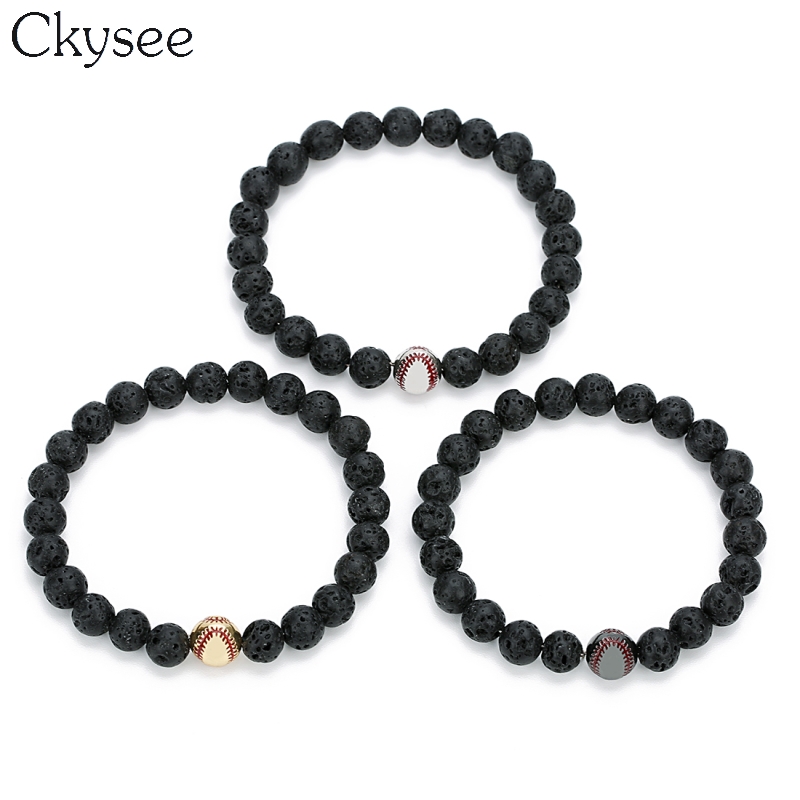 Ckysee 8mm Natural Stone Beads Bracelet Jewelry For Women Black White Color Elastic Rope Baseball Charm Bracelets Couple Jewelry