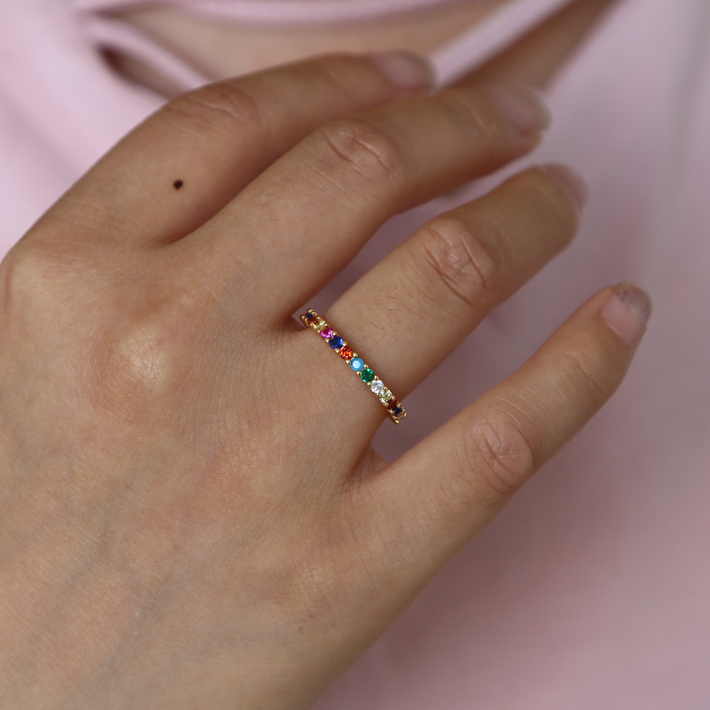 rainbow cz eternity band ring Gold plated 925 sterling silver engagement band colorful multi color cz stone elegance women finger jewelry