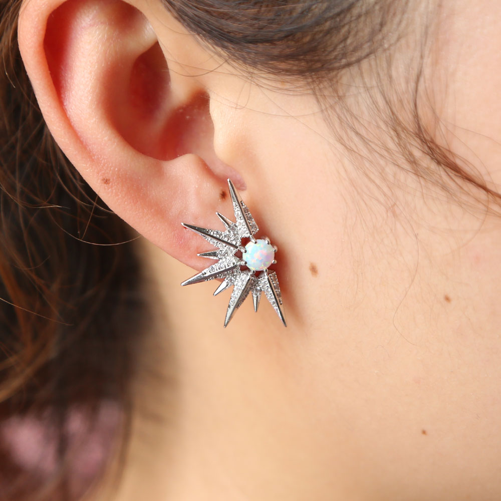 Sterg Sier North Star Big Hoop Earrings with Opal CZ Pave Tassel Design for Women - Wedding Jewelry