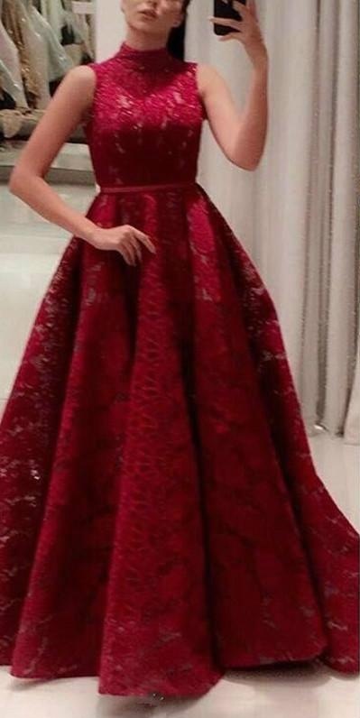 Said Mhamad High Collar Evening Dresses Red Full Lace Sequins Arabic Formal Party Prom Dress Customized Pageant Gowns