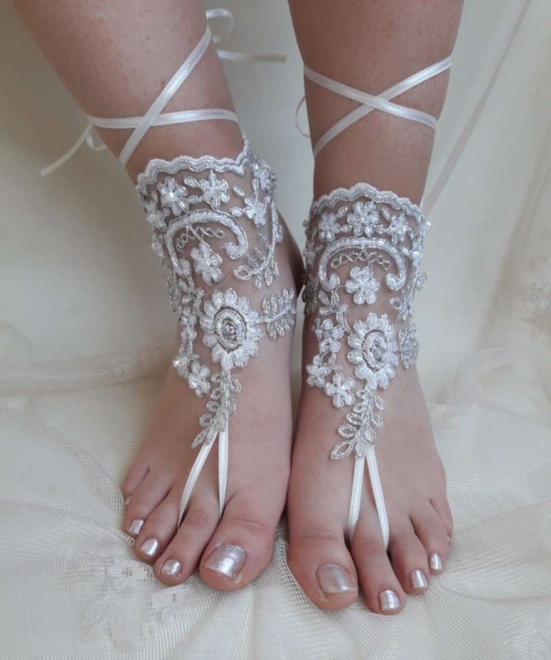 Sexy Ribbon Beach Wedding Shoes Lace Delicate Beaded Open Toe Ankle Strap Flat Bridal Shoe For Summer