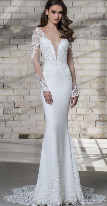 Elegant Two Pieces Wedding Dress Pnina Tornai 2019 Long Sleeve Mermaid Lace Applique Deep V Neck Bridal Gowns With Removable Tulle Train