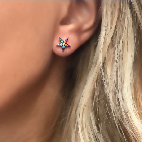 rainbow mix color cubic zirconia small star earring 925 sterling silver dainty delicate colorful star earrings