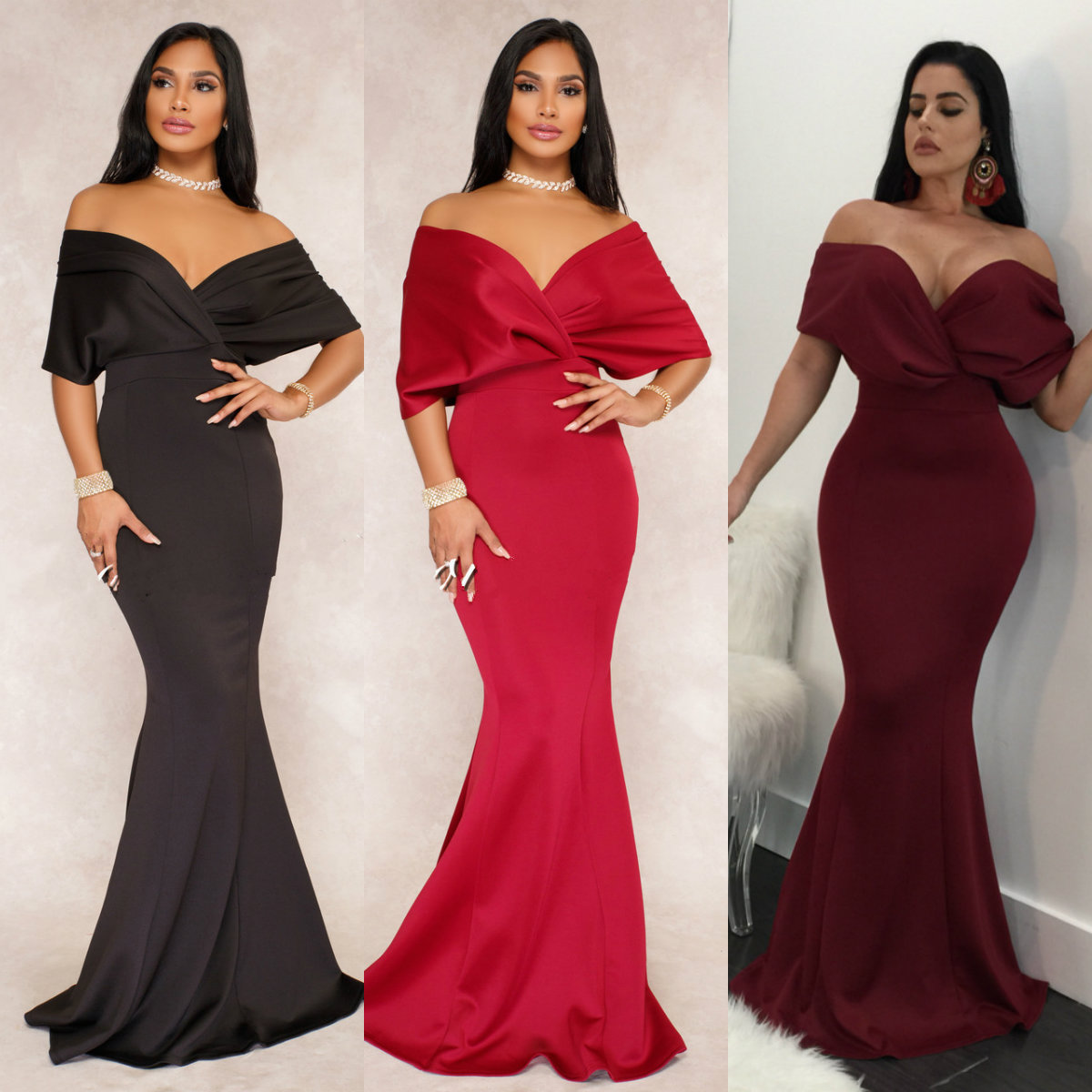 Cheap Elegant Evening Dresses In Stock Off Shoulder Ruffle Backless Stain Mermaid Prom Dress Four Colors S-XL