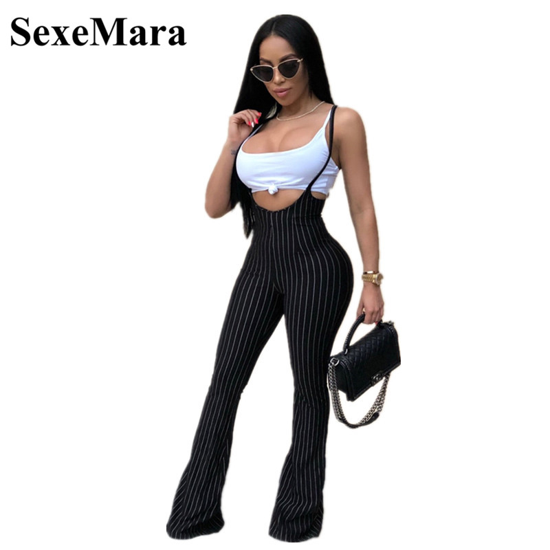 SexeMara Black Striped Casual 2 Piece Set Women Summer Outfits Sexy Spandex Crop Top and Sling Long Flare Pants Suit D35-AD22