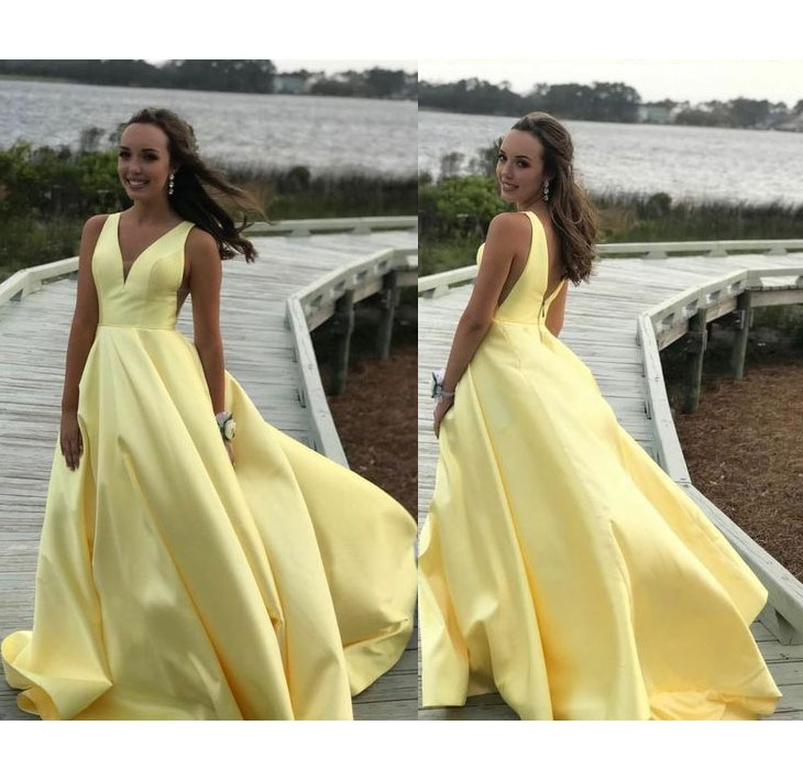 Hot Selling Yellow V Neck Sweep Train Satin Long Prom Dresses Evening Gowns for Women, Black
Hot Selling Yellow V Neck Sweep Train Satin Long Prom Dresses Evening Gowns for Women, Black