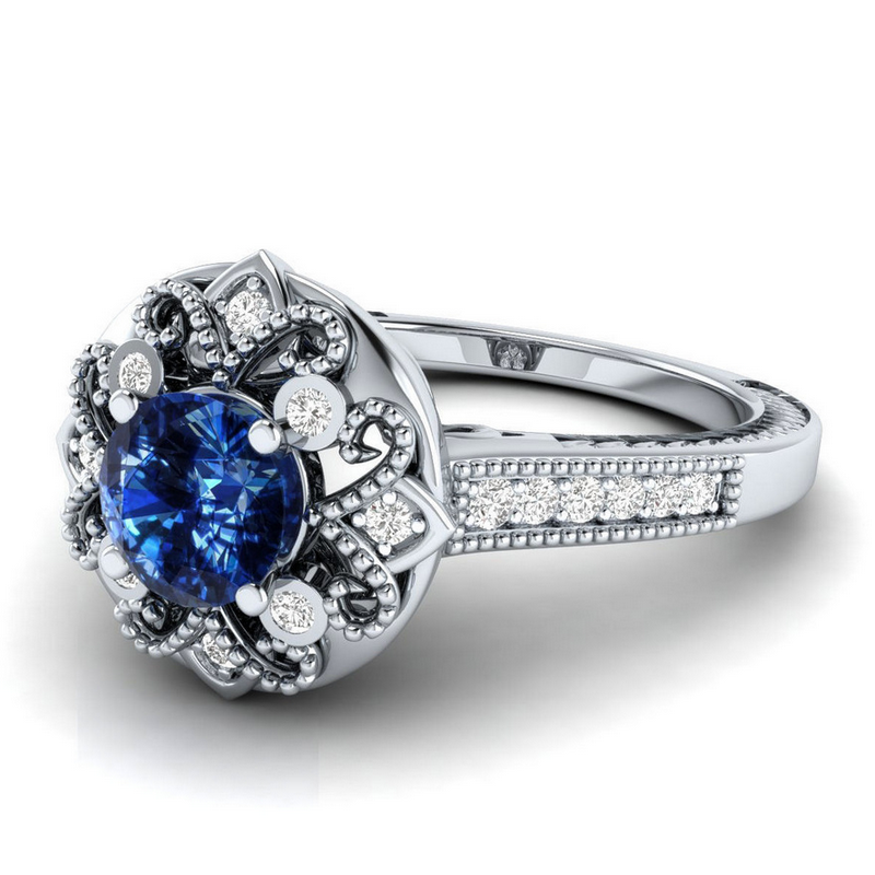 2018 New Arrival Original Desgin Vintage Fashion Jewelry 925 Silver Fill Round Shape Blue Sapphire CZ Dimaond Wedding Band Ring for Women