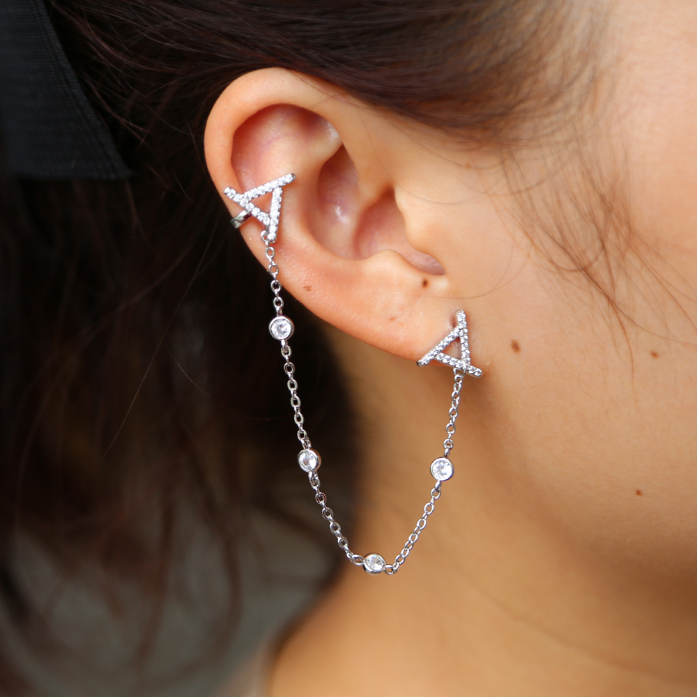 gold,rose gold,silver three color long stud cuff earring for women romatic cz station chain tassel fashion Triangle cz cuff jewelry