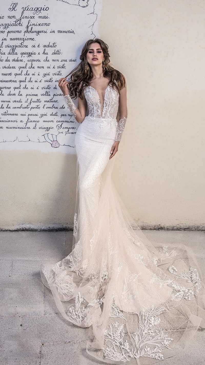 La Petra Mermaid Wedding Dresses New Arrival Sheer Long Sleeve Lace Appliques Bridal Gowns Sweep Train Wedding Dresses