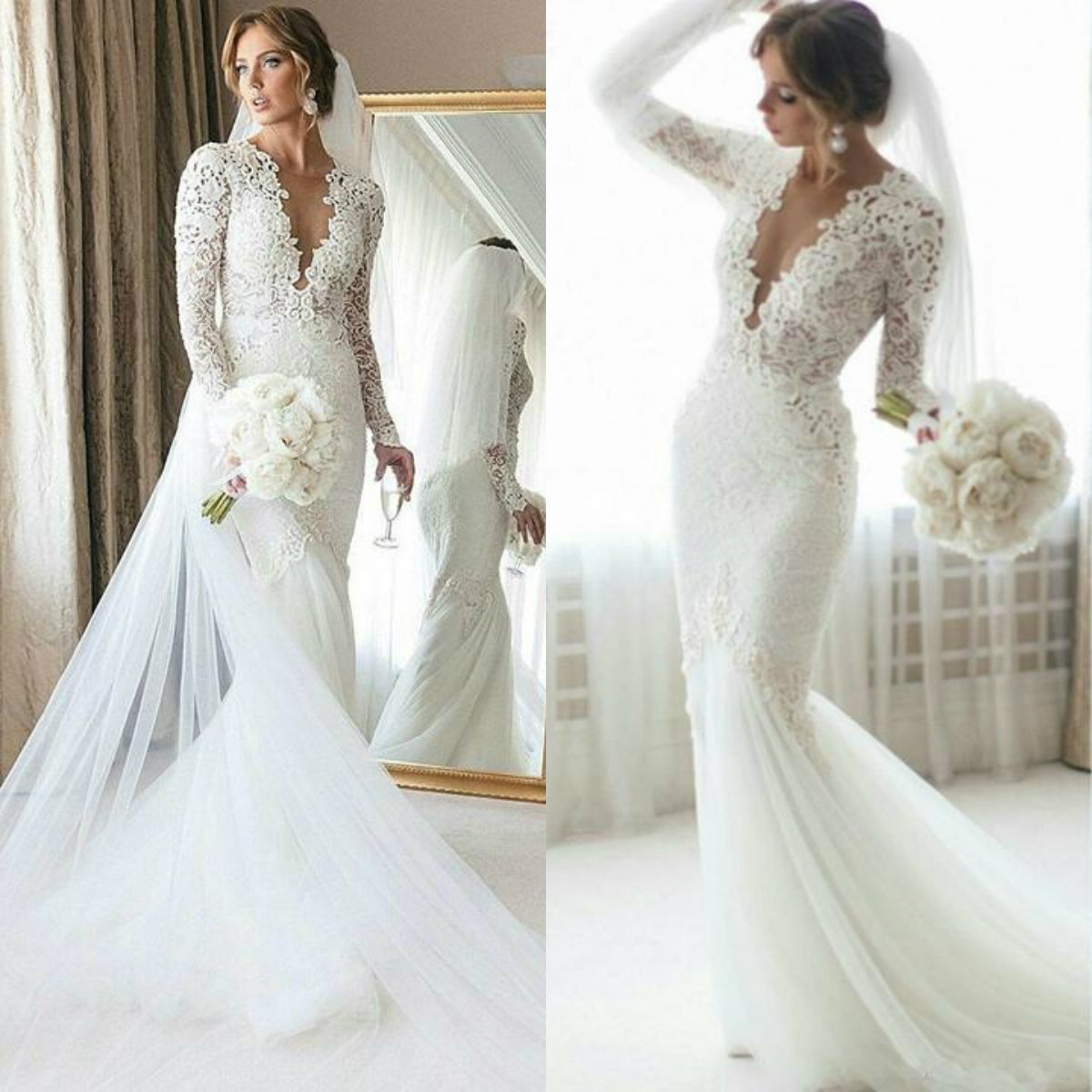 Chic Spring Mermaid Wedding Dress Sexy Deep V Neck Lace Applique Long Sleeves Sweep Train Tulle Bridal Gowns Plus Size Wedding Dresses