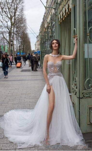 2019 Julie Vino Beach Wedding Dresses High Slit Split Lace Appliques Sexy Boho Bridal Gowns Beaded Backless Wedding Dress