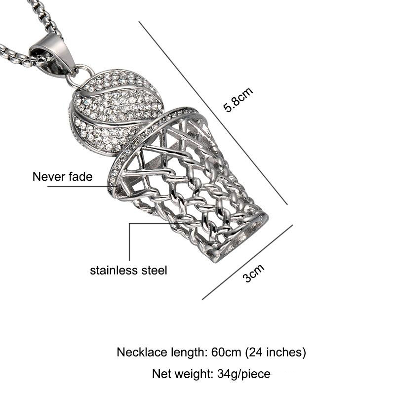 Hip Hop Basketball Pendant Necklaces Iced Out Bling Full Rhinestone basketball hoop Stainless Steel Chain Necklace For Mens Hiphop Jewelry