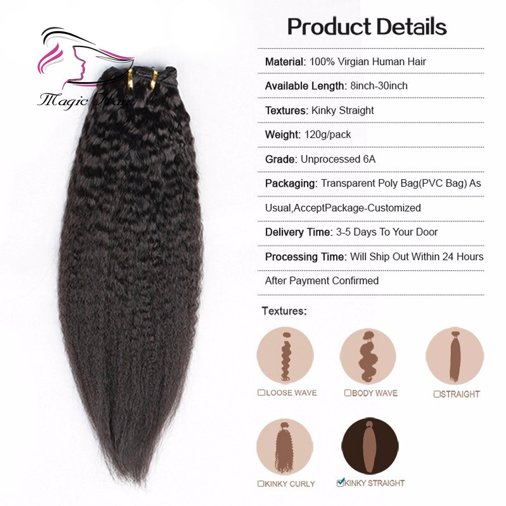 Free Shipping Natural Color Kinky Straight Clip in Hair Extensions For Black Women Brazilian Human Hair 120g 100% Human Hair Extension