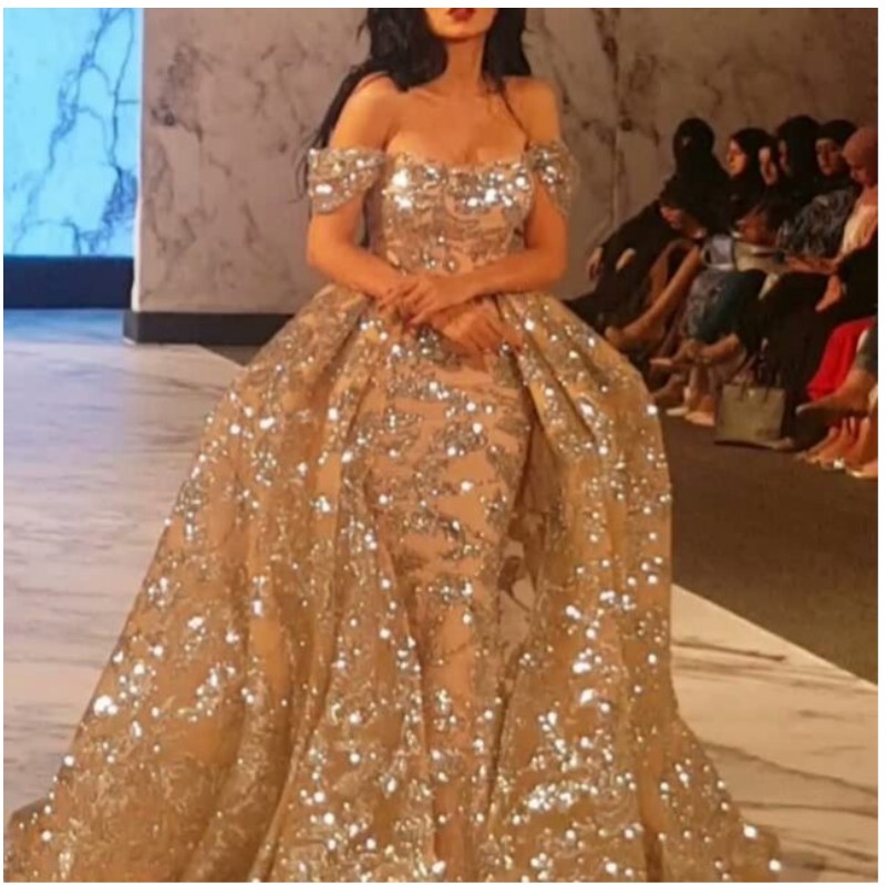 Dubai Golden Mermaid Prom Dresses With Overskirt Sparkly Sequins Beads Off Shoulder Celebrity Party Dress Gorgeous Saudi Arabia Evening Dres