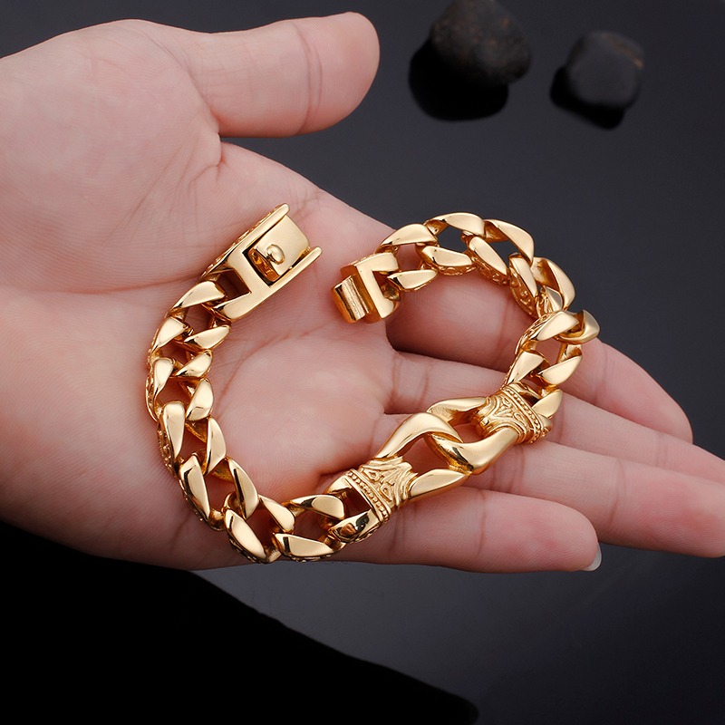 Gothic Colorful Men's Bracelet Folk Custom 316L Stainless Steel 18K Gold Plating Thick Heavy Hip Hop Rock Bangle Jewelry