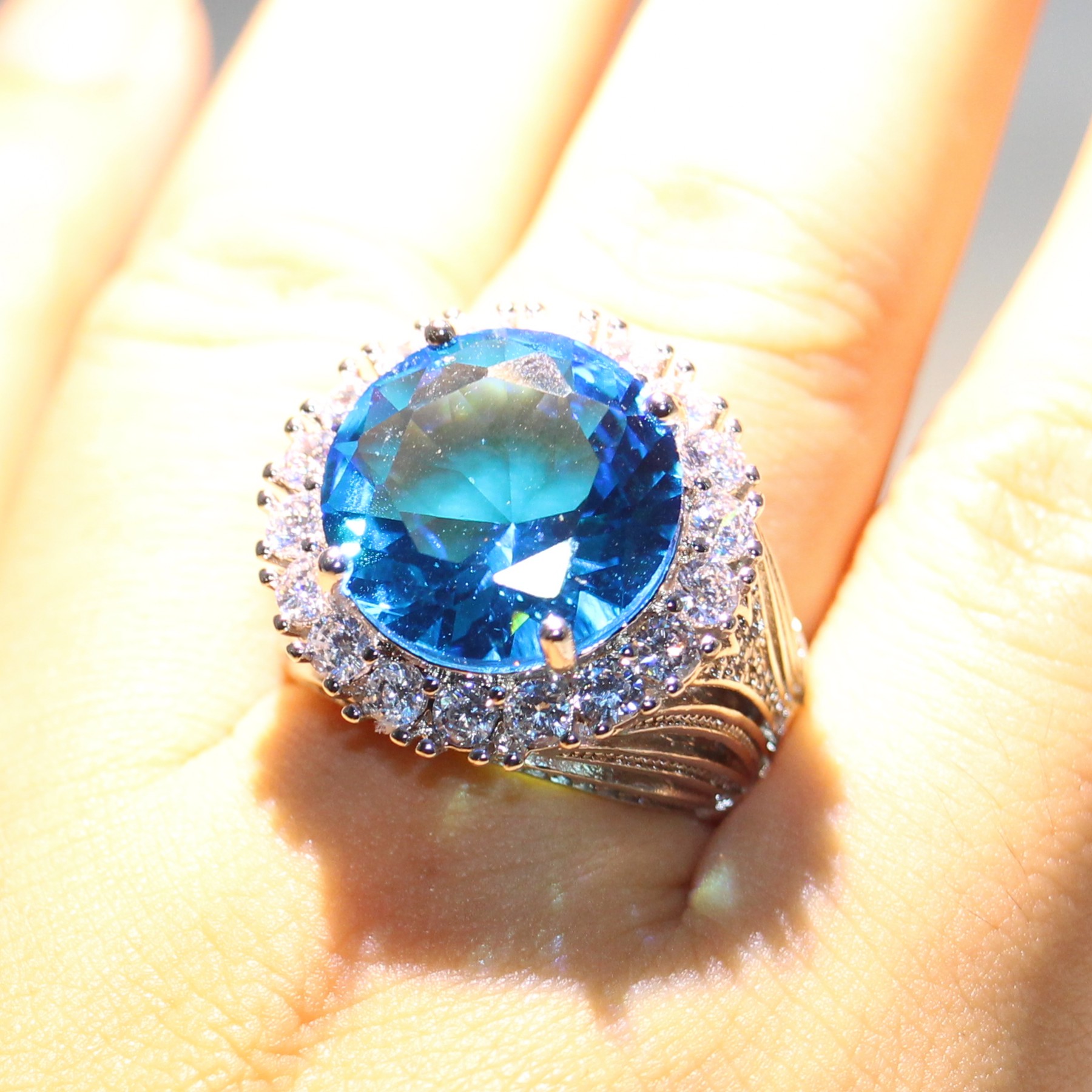 Size 6-10 Drop Shipping Jewelry Sterg Sier Big Aquamarine CZ Crystal 12CT Women Wedding Eternity Finger Ring For Lover Gift