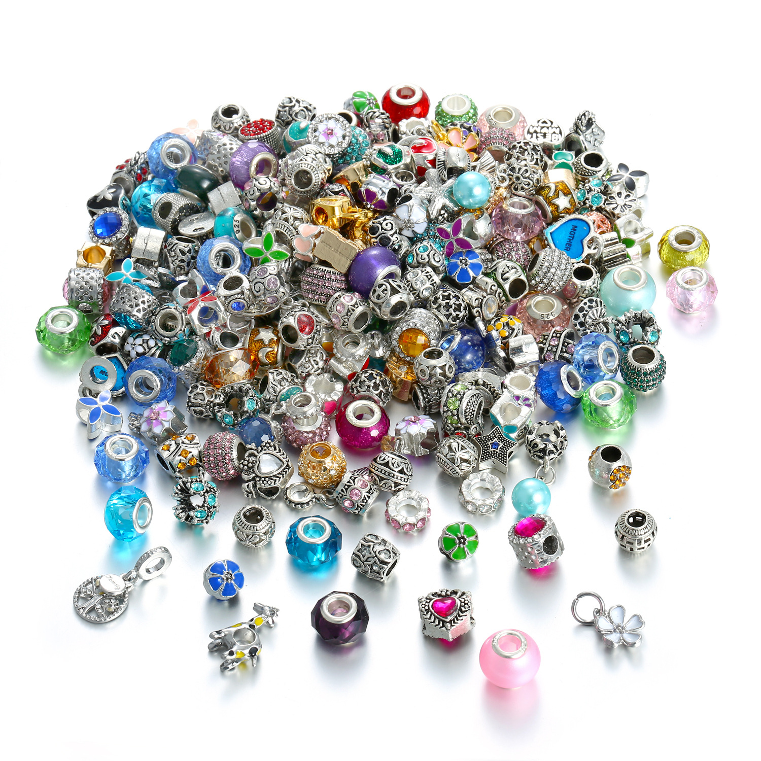 50PCS Mixed Styles Wholesale Multicolor Crystal Alloy Beads Charms DIY Jewelry European Bracelets Bangles Women Girls Gifts B006
