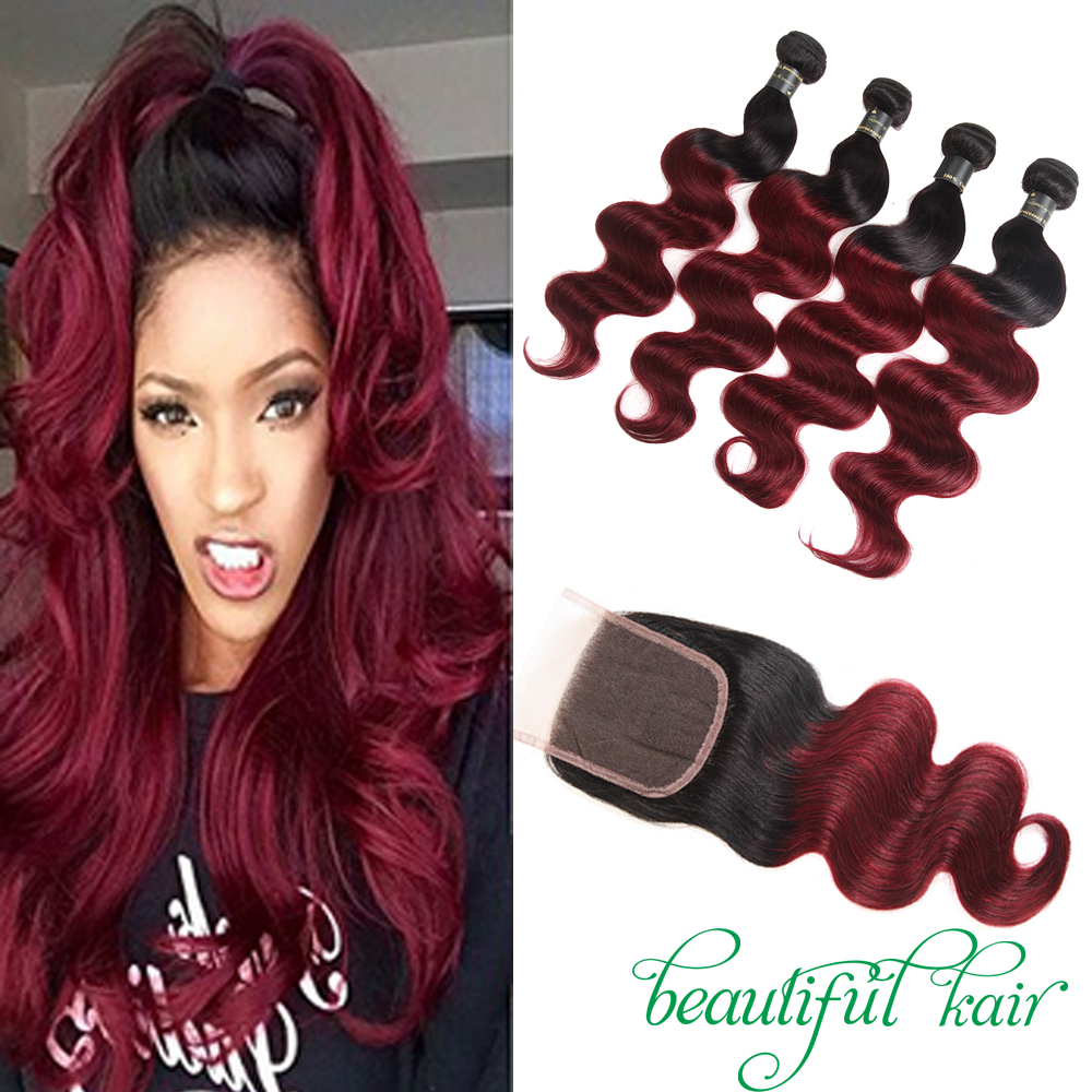 

1B/99J Malaysian Indian Peruvian Brazilian Virgin Body Wave/Straight Ombre Burgundy Human Hair With 4*4 Lace Closure Bundles With Closure, 1b/99j body wave