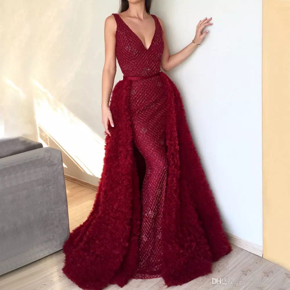 Red Prom Dresses With Detachable Skirt Deep V Neck Beads Sweep Train Sleeveless Dubai Evening Party Wear Elie Saab Formal Dress