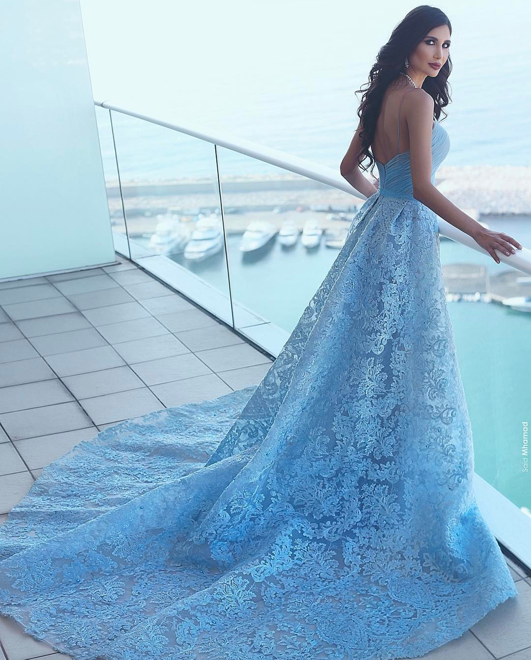 Light Blue Spaghetti Prom Dress Full Lace Applique Hollow Chest Backless Formal Customized Party Evening Dresses
