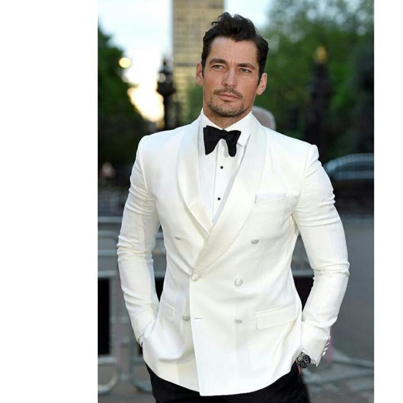 Excellent Style Groom Tuxedos Double Breasted Ivory Shawl Lapel Groomsmen Best Man Suit Mens Wedding Suits (Jacket+Pants+Tie) NO:1156
