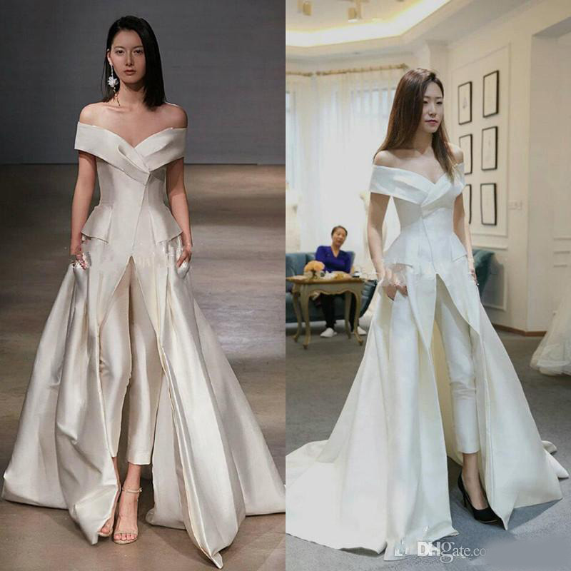 2020 Women Jumpsuit For Evening White Off Shoulder Evening Gowns Sweep Train Elegant Zuhair Murad Women Jumpsuit Vestidos Festa