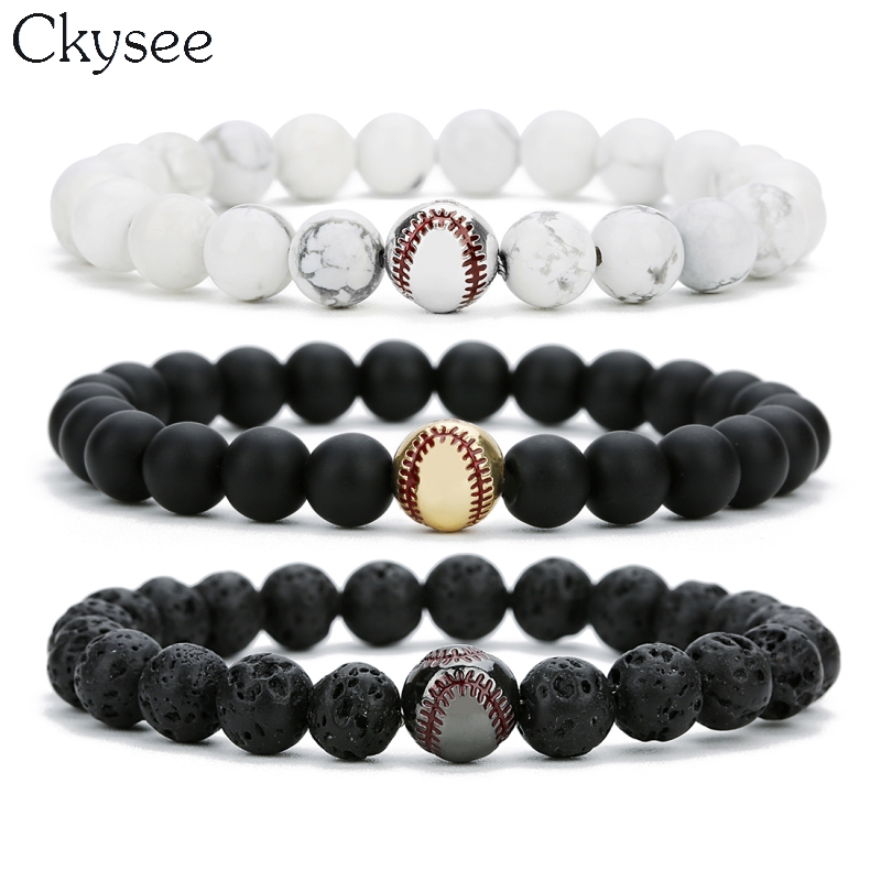 Ckysee 8mm Natural Stone Beads Bracelet Jewelry For Women Black White Color Elastic Rope Baseball Charm Bracelets Couple Jewelry