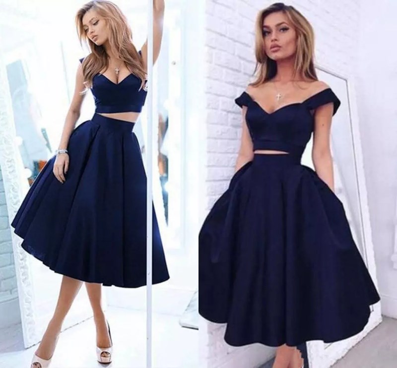 2018 Two Pieces Short Dark Navy Prom Dresses With Pockets Off Shoulder Backless Tea Length Satin Evening Party Gowns Vestidos Cheap, White
2018 Two Pieces Short Dark Navy Prom Dresses With Pockets Off Shoulder Backless Tea Length Satin Evening Party Gowns Vestidos Cheap, White
