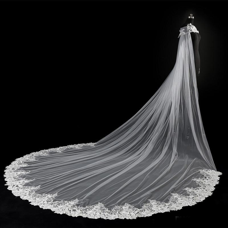 2020 Luxurious Off Shoulder 3D Flowers Crystal 115inch Cathedral Train Wedding Bridal Wraps Applique Lace Wedding Bridal Capes