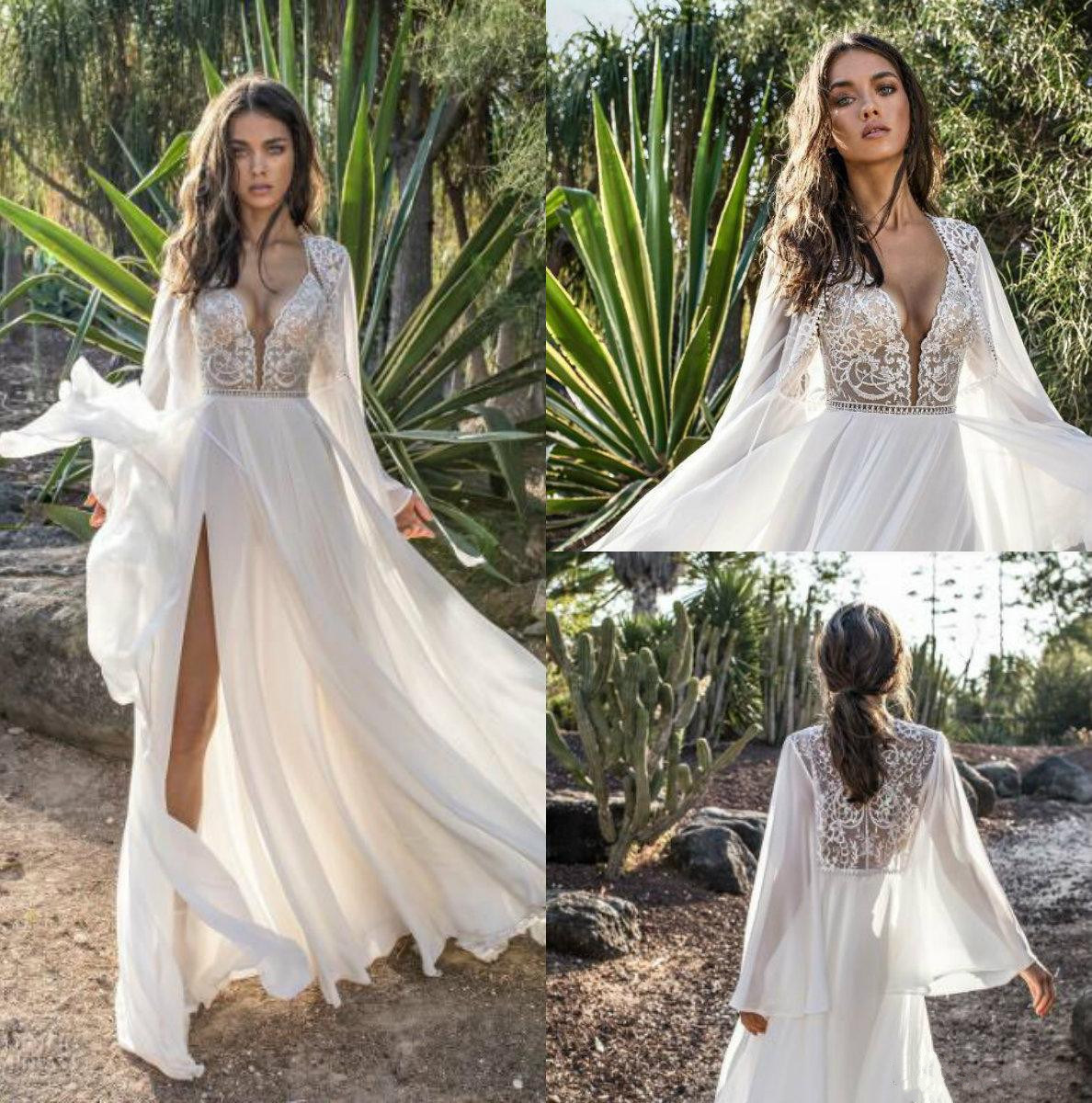 asaf dadush boho dresses with long sleeve wrap side split beach chiffon bohemia bridal gowns beaded lace wedding dress